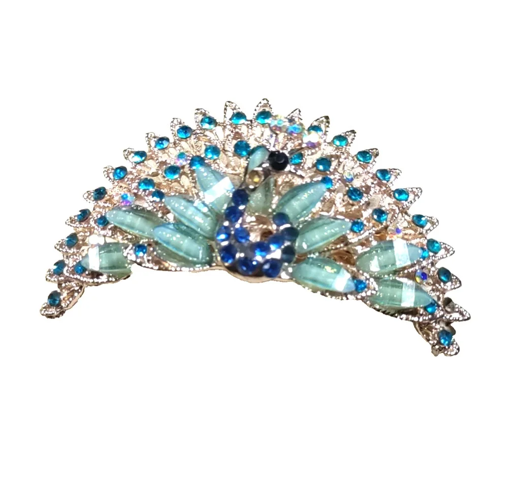 Large Peacock Hair Barrette Tension Clip Gold Tone Blue Rhinestone Flaw